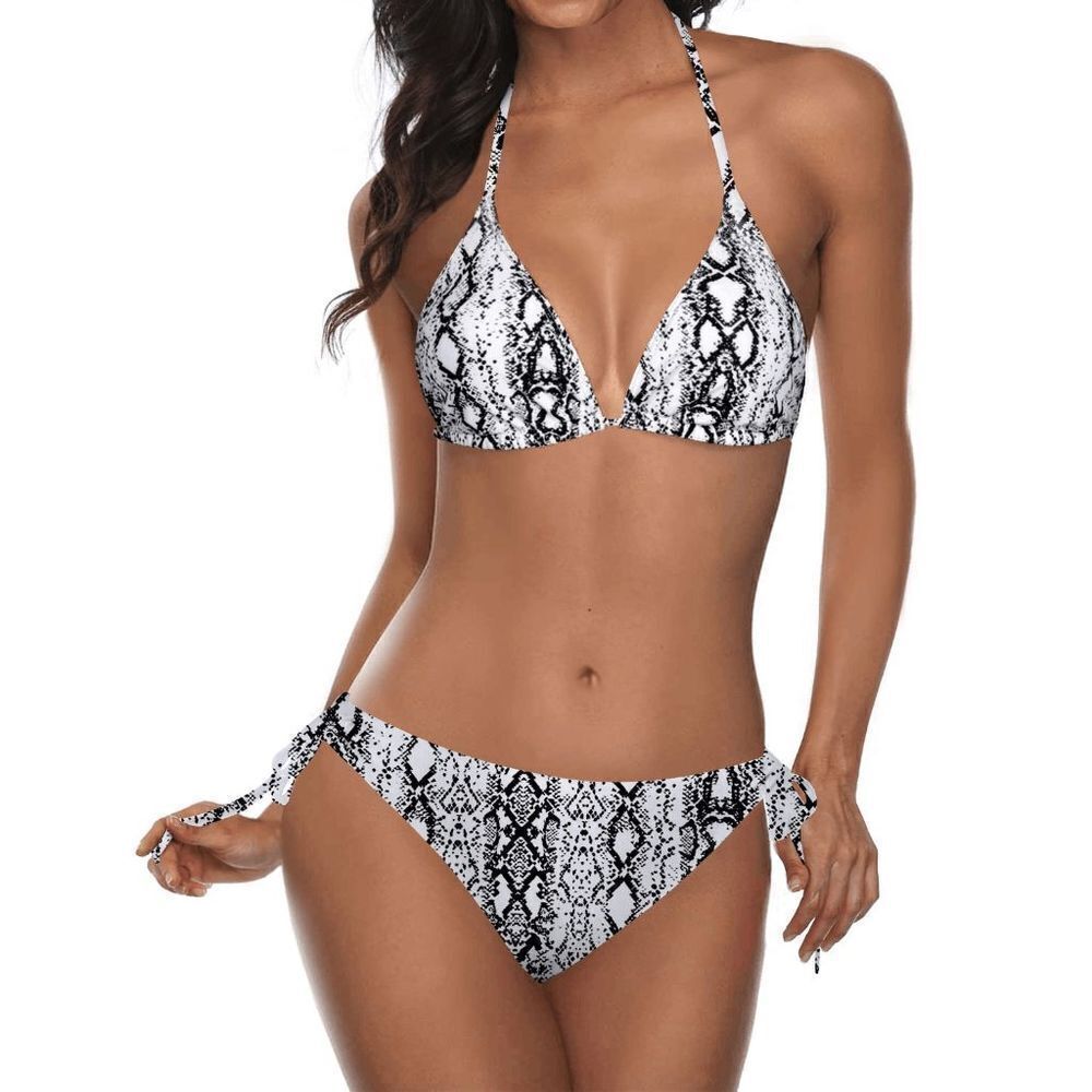 Padded Top Tie Bottom Bikini BlackWhite SnakePrint - Size: Small